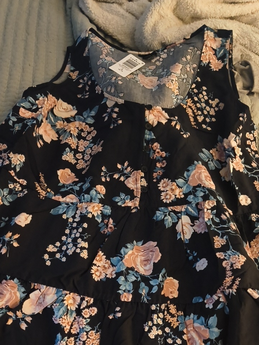 torrid Black Floral Tank Top with Peach and Blue Flowers